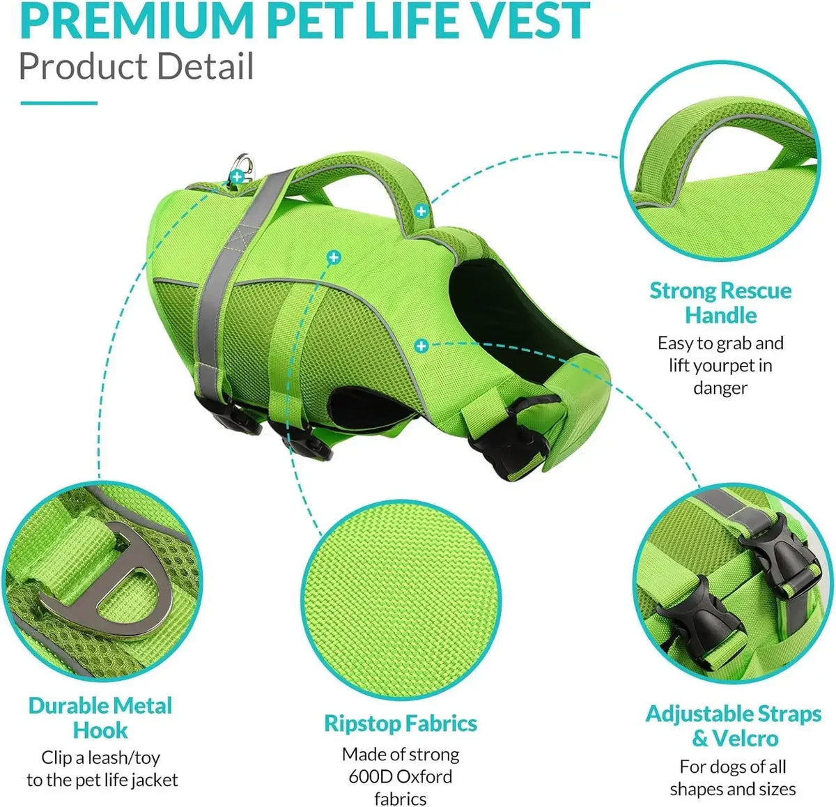Durable Dog Life Jacket High Buoyancy With Rescue Handle Reflective