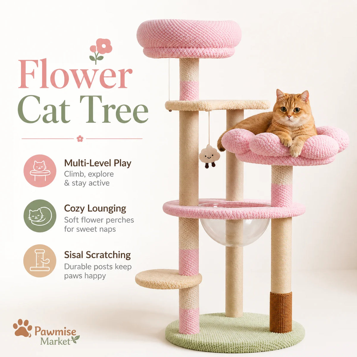 Multi Level Cat Tower With Sisal Posts And Soft Plush Perches