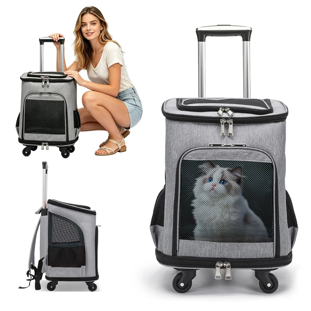 Foldable Wheeled Pet Carrier Backpack With Four Side Mesh Ventilation