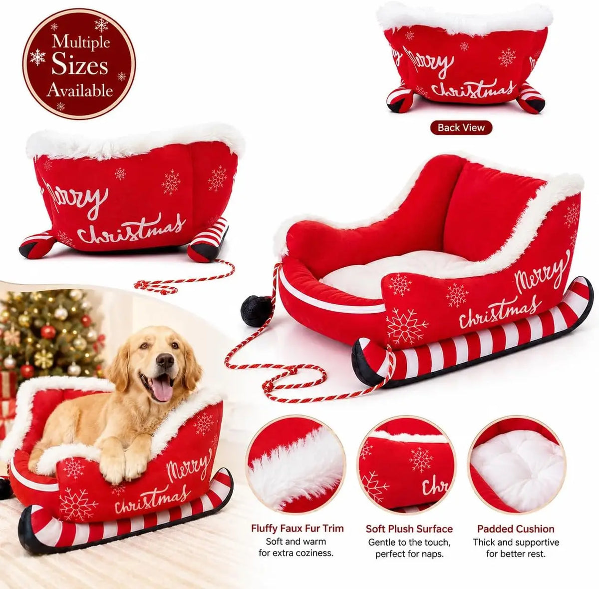 Christmas Sleigh Dog Bed With Raised Plush And Calming Comfort