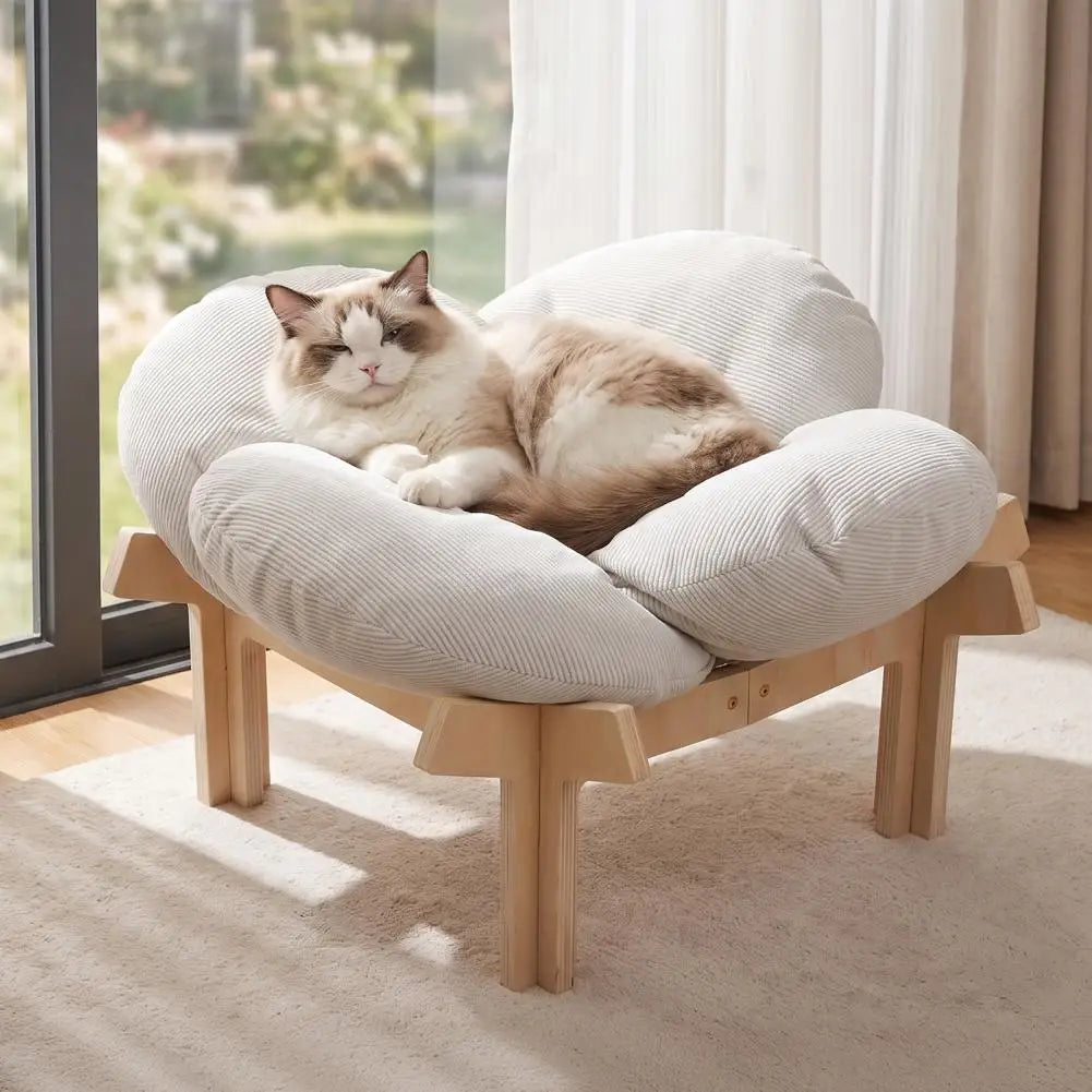 Elevated Wooden Cat Bed With Fluffy Removable Petal Cushion