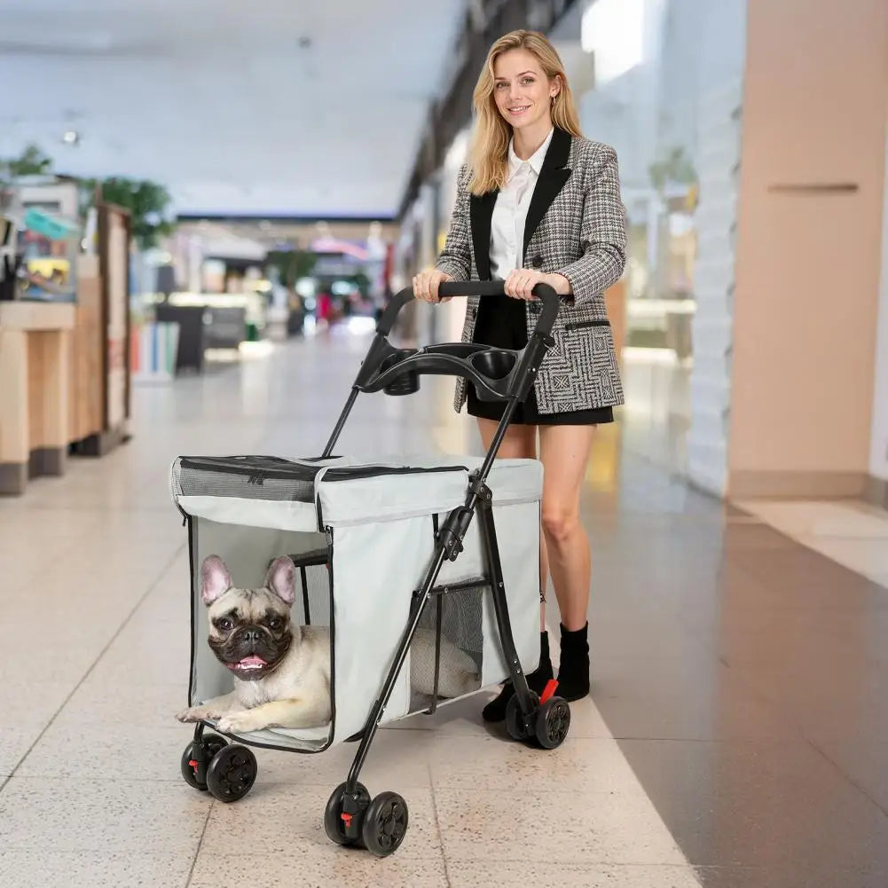 Foldable Dog Stroller With 360 Degree Wheels And Removable Storage Tray
