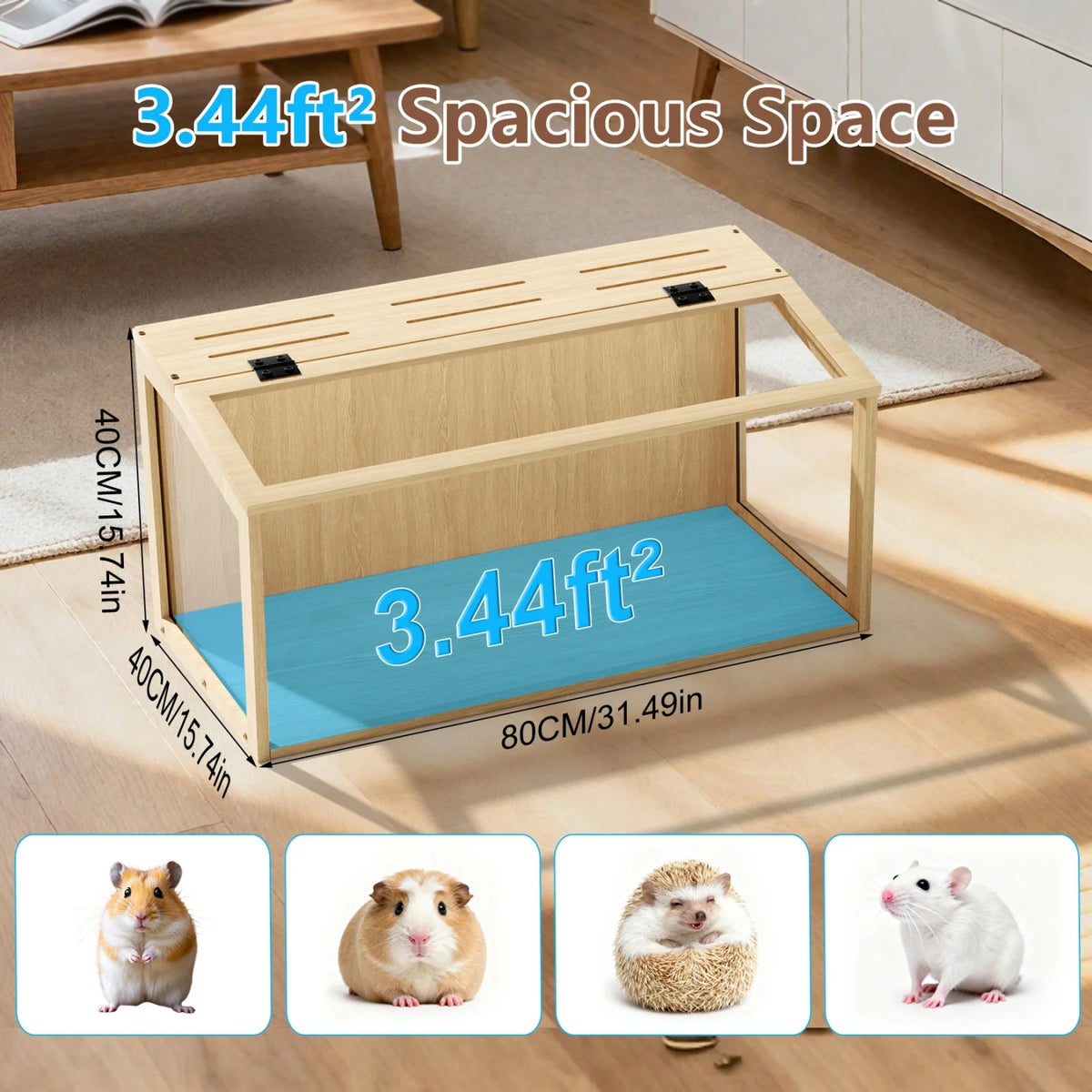 Chewproof Wooden Hamster Cage With Tempered Glass And Led Light