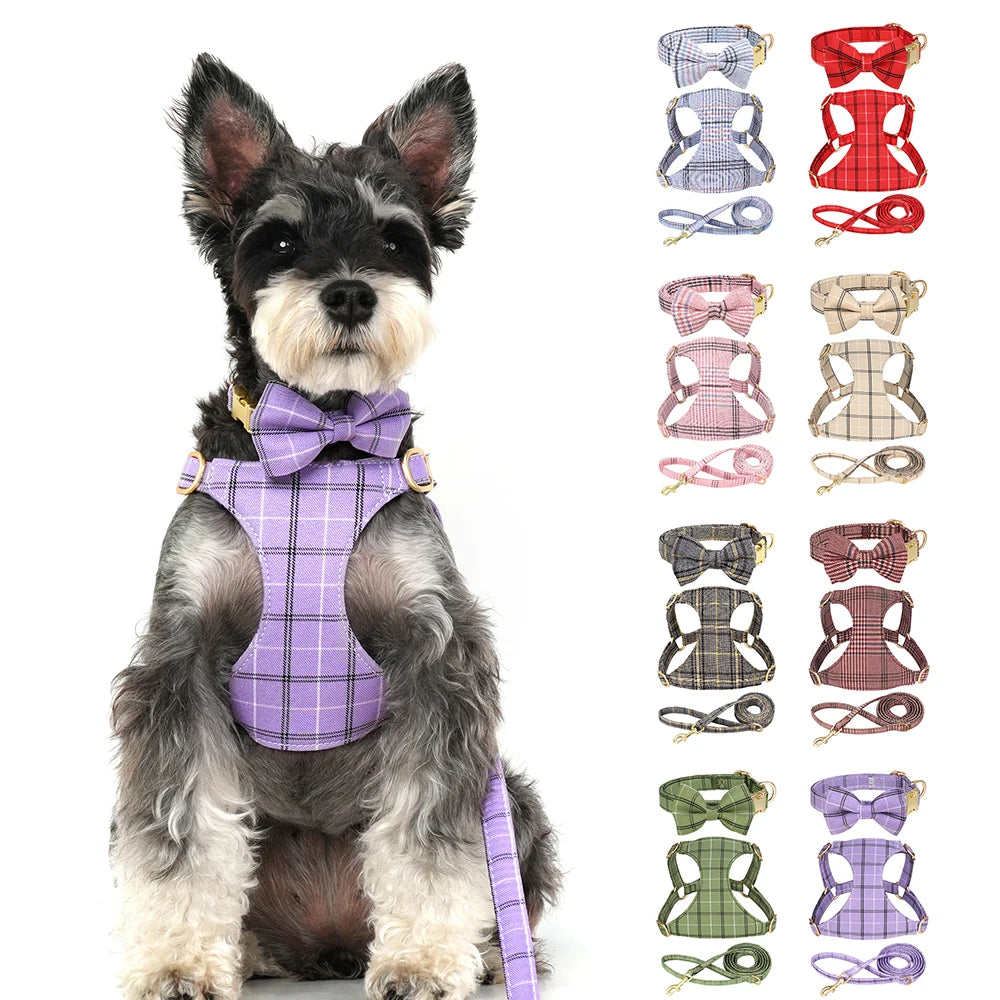 Didog Adjustable Plaid Bowtie Dog Collar Harness Leash