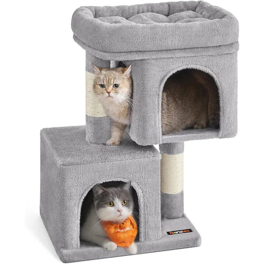 XIUWO Plush Cat Tower Condo Featuring Dual Caves And Scratcher