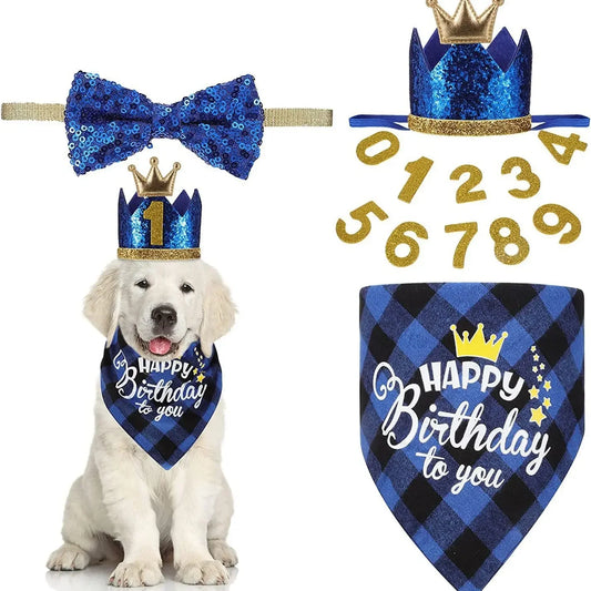 Premium Leather Pet Crown Bandana Set For Birthday Celebrations