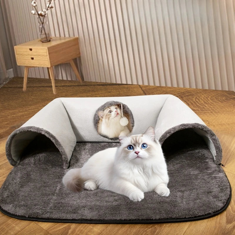 Premium Washable Cat Tunnel Bed With Rolling Cozy Nest Design