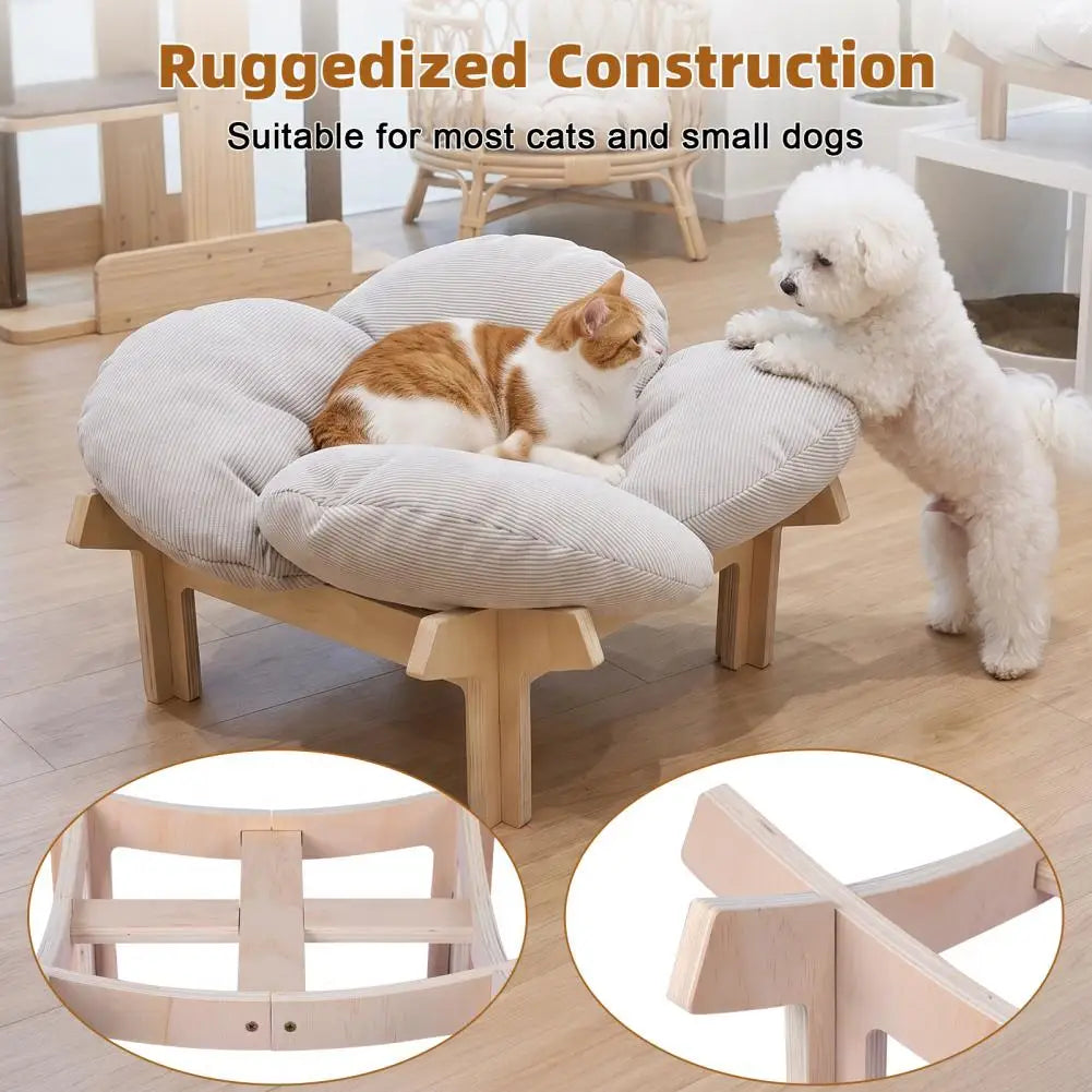 Elevated Wooden Cat Bed With Fluffy Removable Petal Cushion