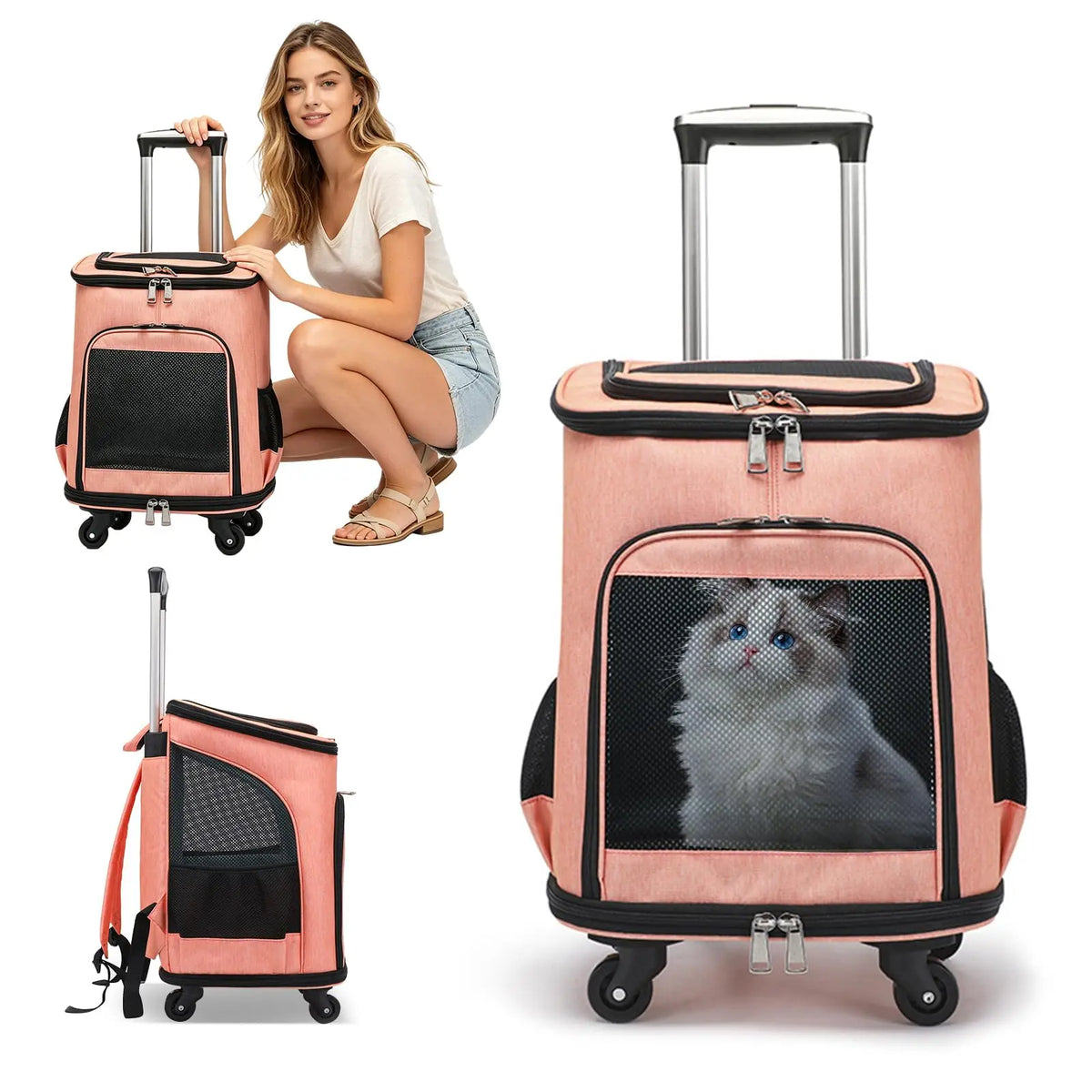 Foldable Wheeled Pet Carrier Backpack With Four Side Mesh Ventilation