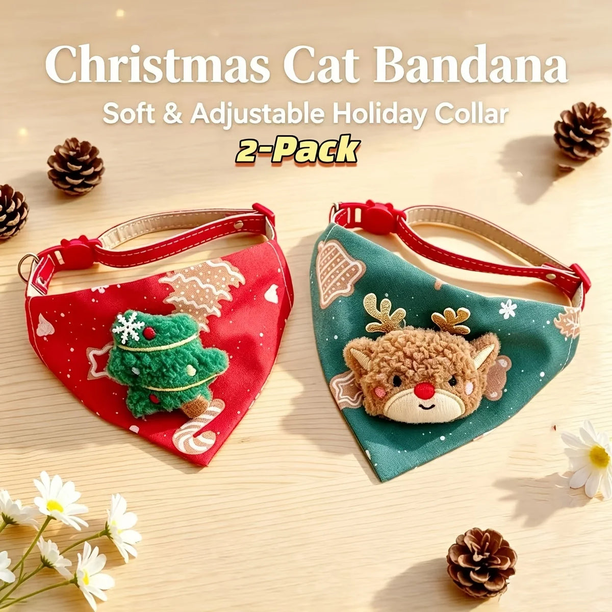 2 Pack Christmas Pet Bandanas Soft Adjustable Holiday Scarf