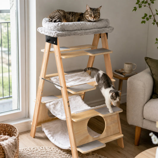 Wooden Cat Tower With Washable Cushions And Hammock