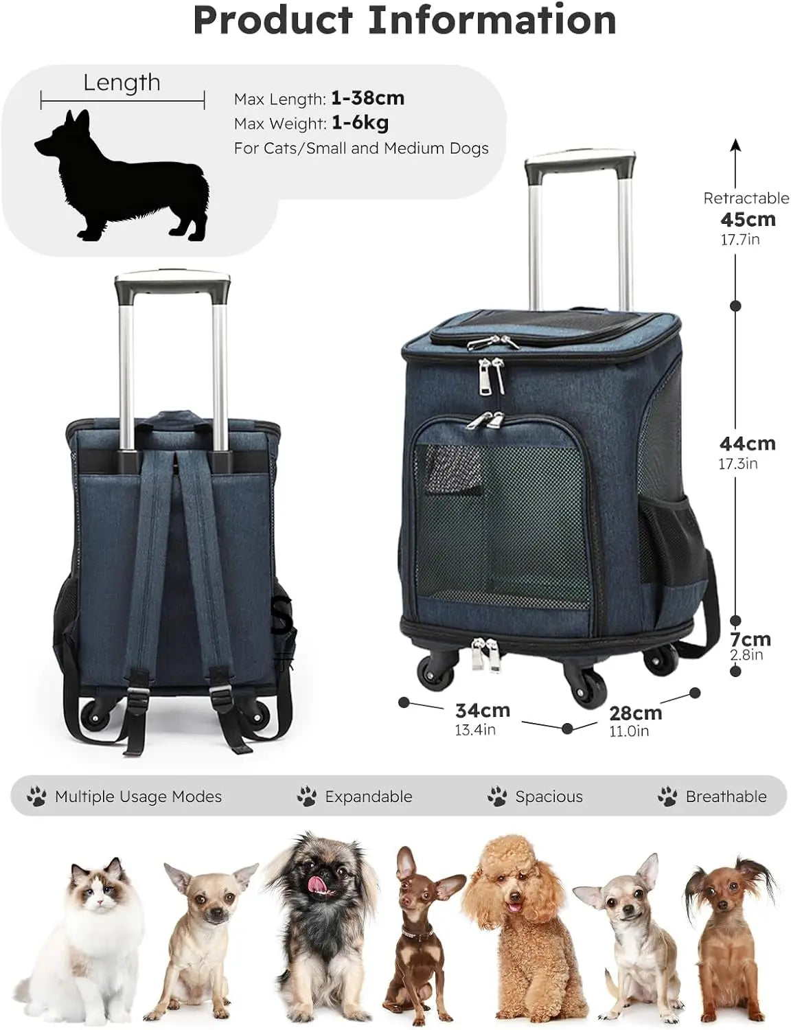 Foldable Wheeled Pet Carrier Backpack With Four Side Mesh Ventilation