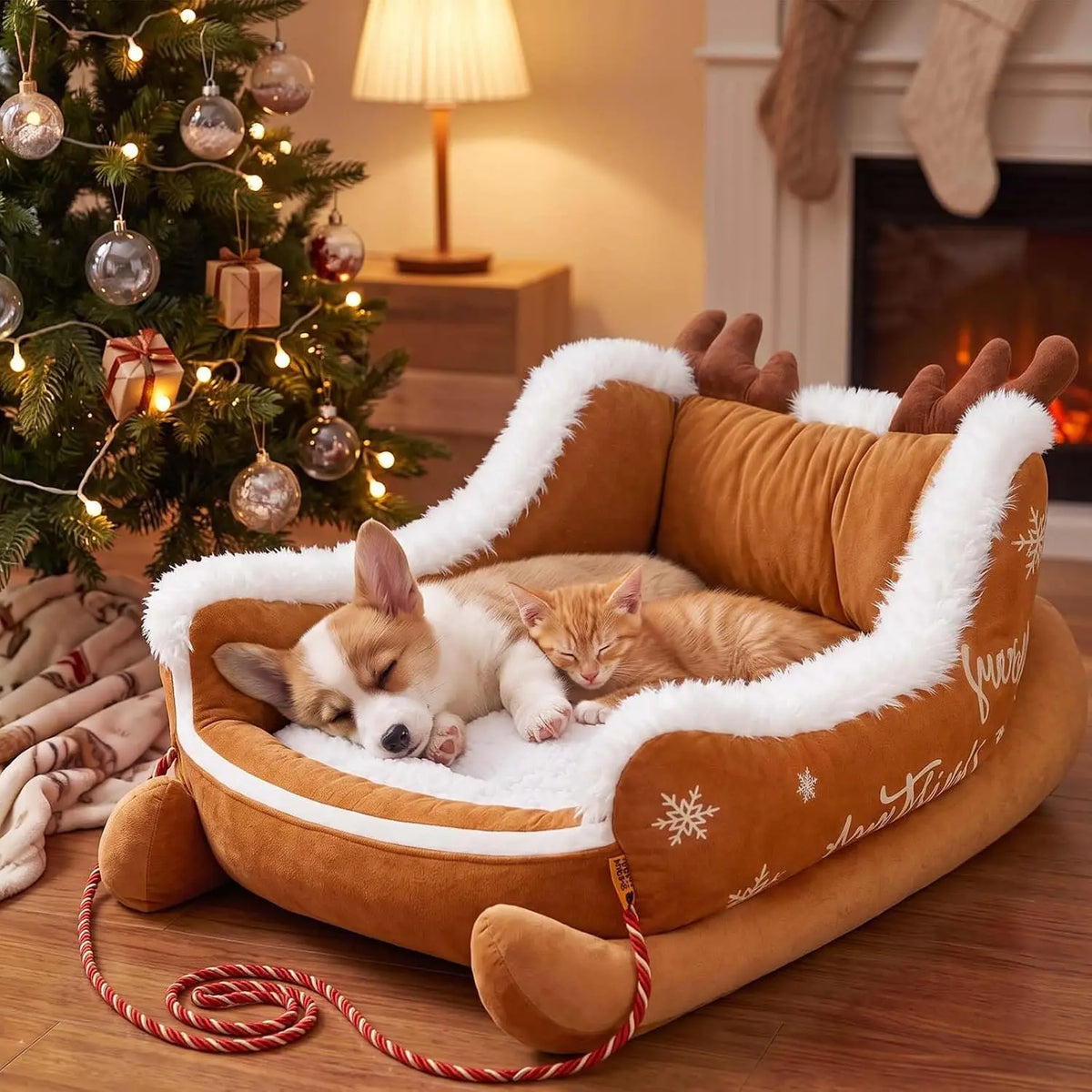 Christmas Sleigh Dog Bed With Raised Plush And Calming Comfort