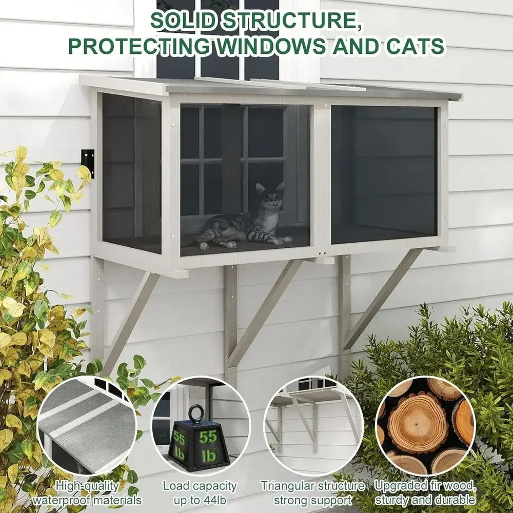Expandable Wooden Window Cat Enclosure With Insect Proof Hammock