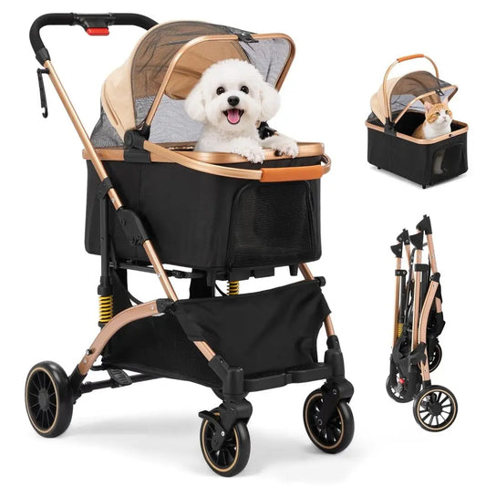 Collapsible Pet Stroller With Shock Absorbers And Storage Basket