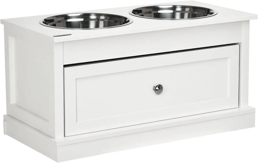 Wooden Elevated Dog Feeding Station With Drawer And Steel Bowls
