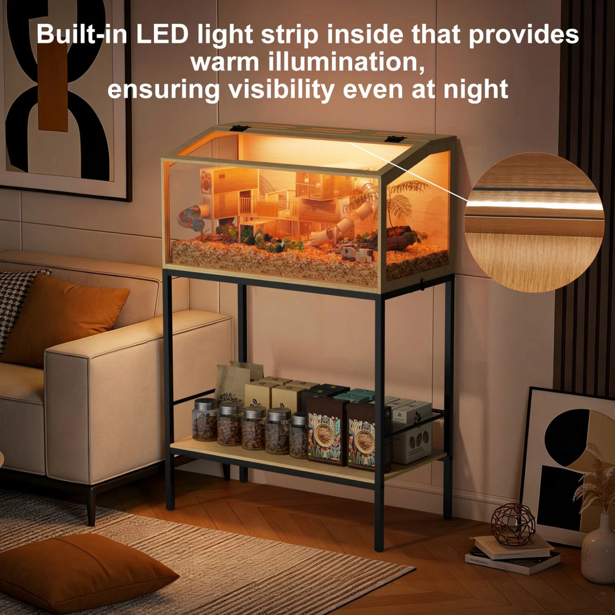 Chewproof Wooden Hamster Cage With Tempered Glass And Led Light