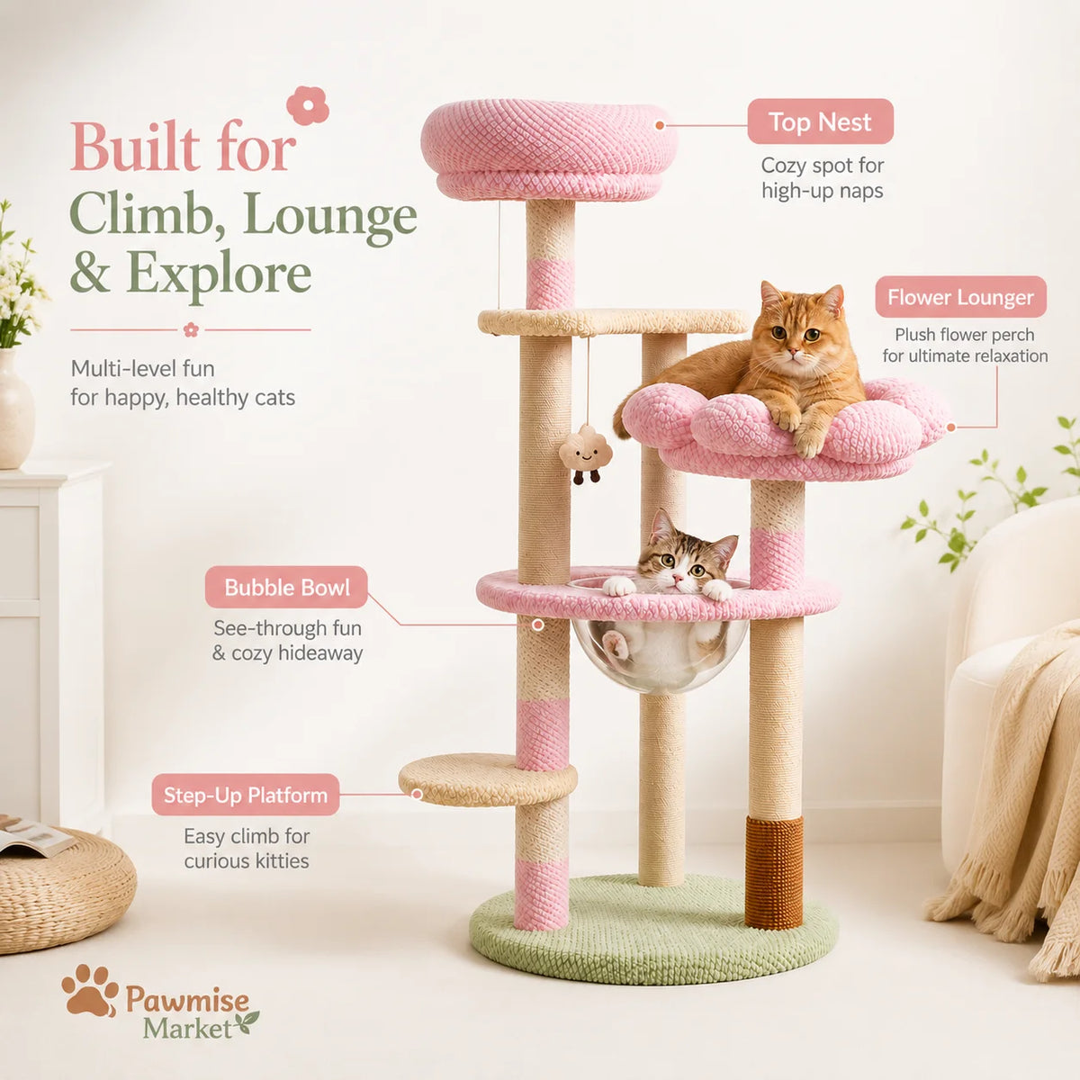Multi Level Cat Tower With Sisal Posts And Soft Plush Perches