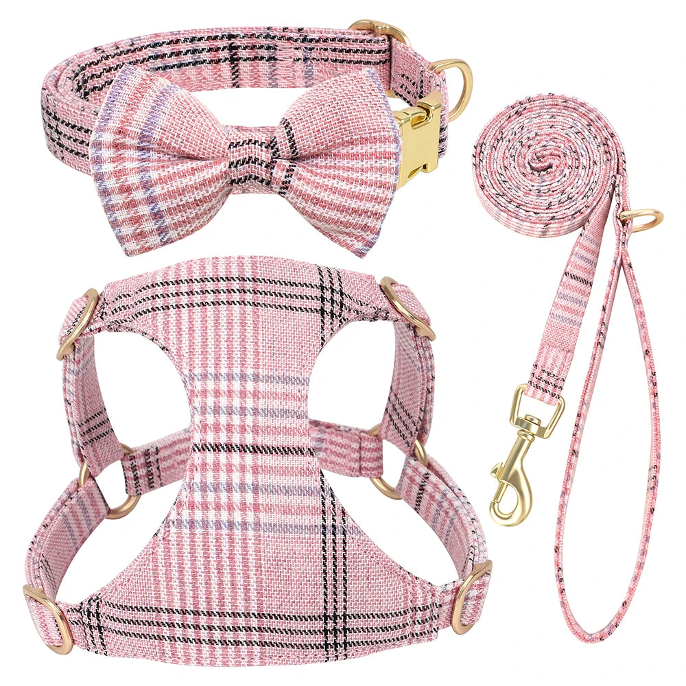 Didog Adjustable Plaid Bowtie Dog Collar Harness Leash