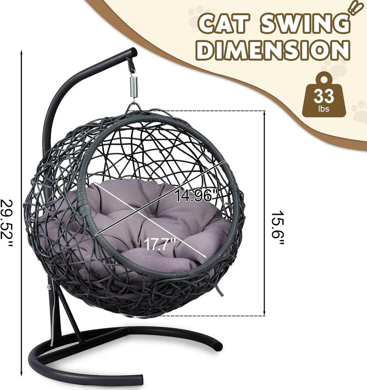 Cat Swing Bed Rattan Hammock Stand with Cushion for Cats