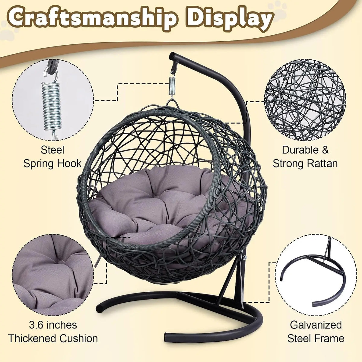 Cat Swing Bed Rattan Hammock Stand with Cushion for Cats