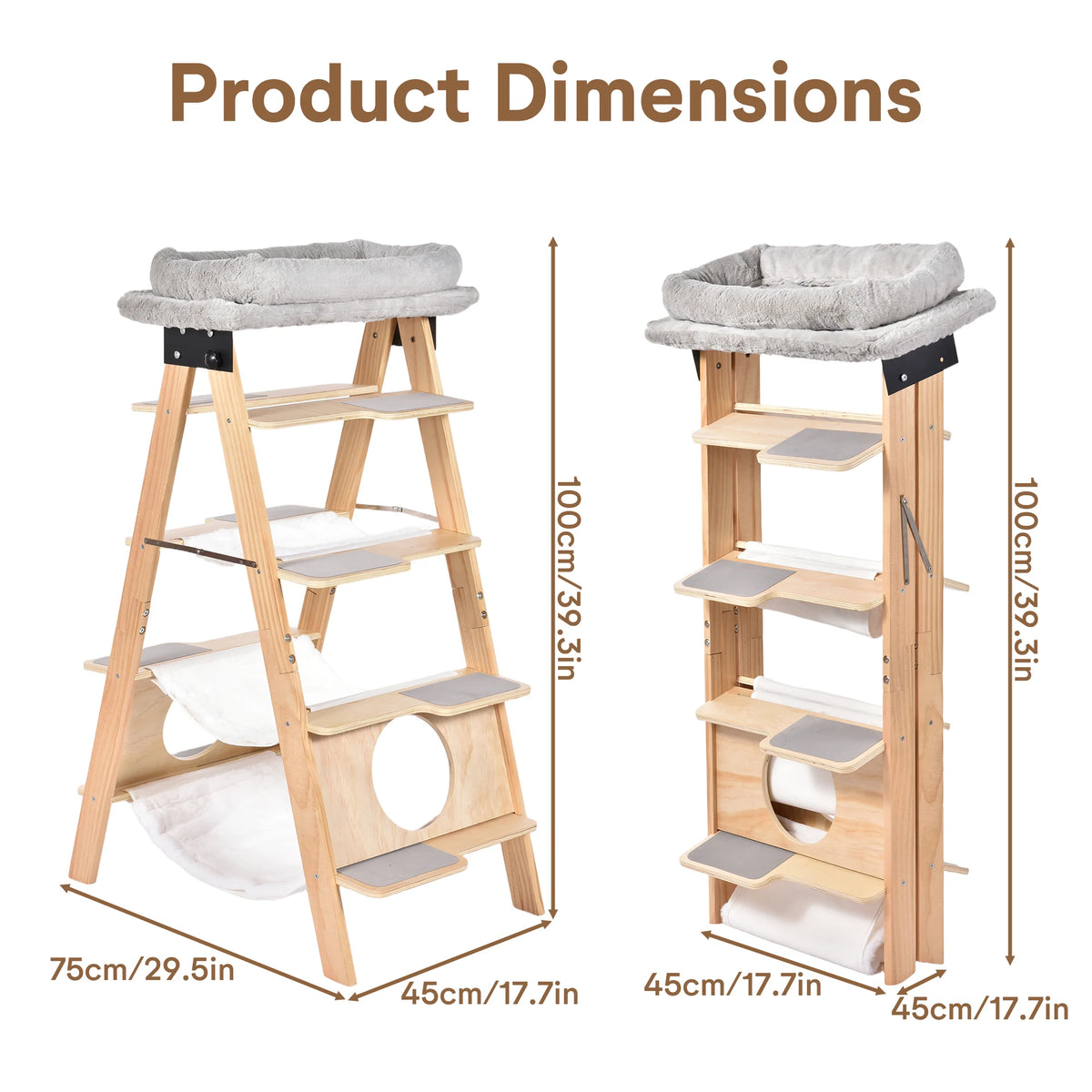 Wooden Cat Tower With Washable Cushions And Hammock