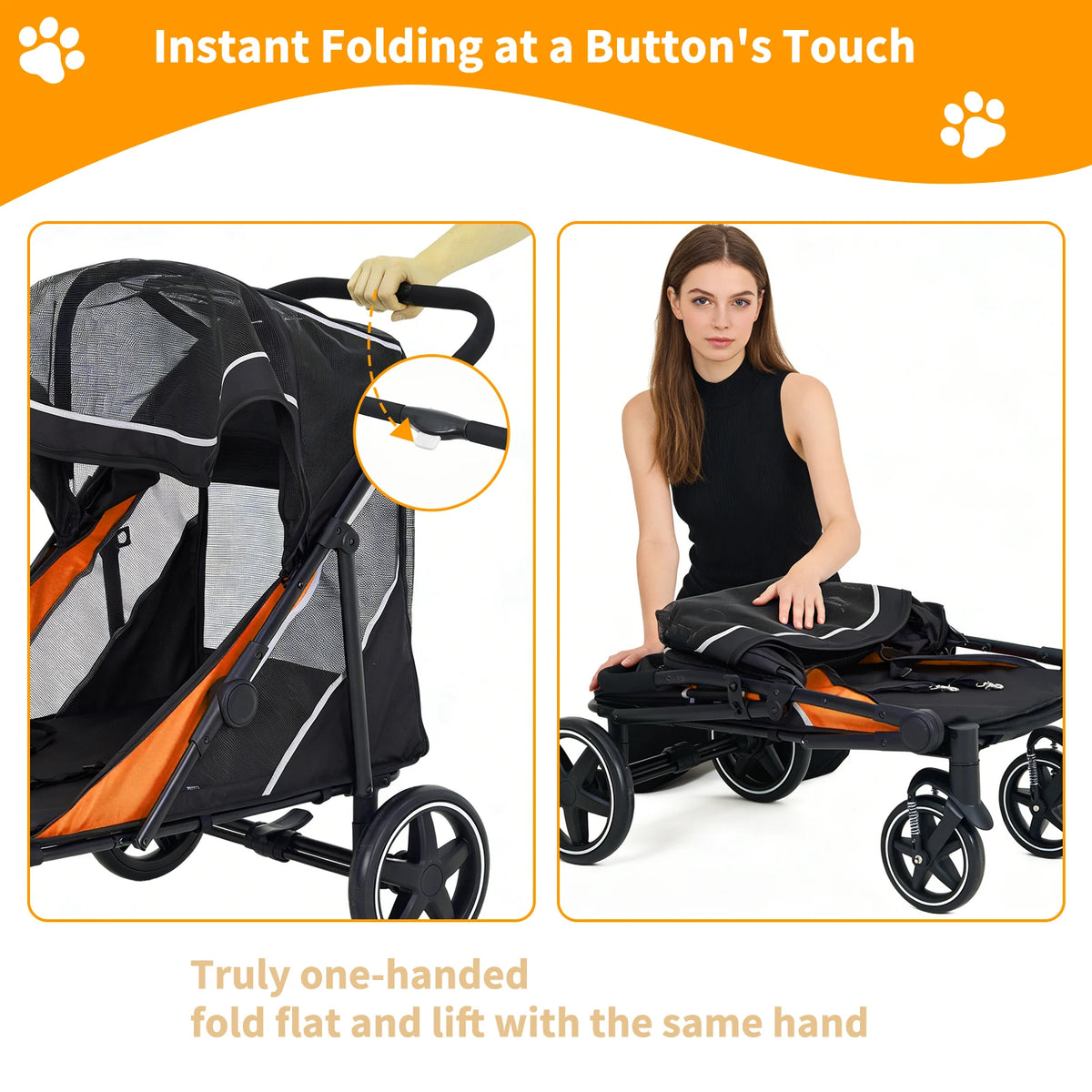 Foldable Dog Stroller With Adjustable Handle And Ventilated Canopy
