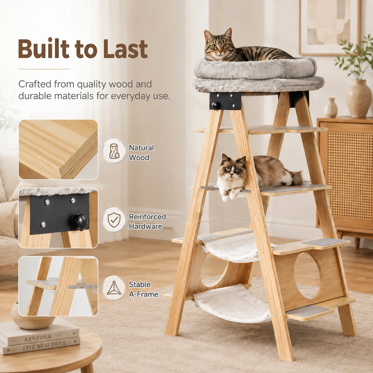 Wooden Cat Tower With Washable Cushions And Hammock