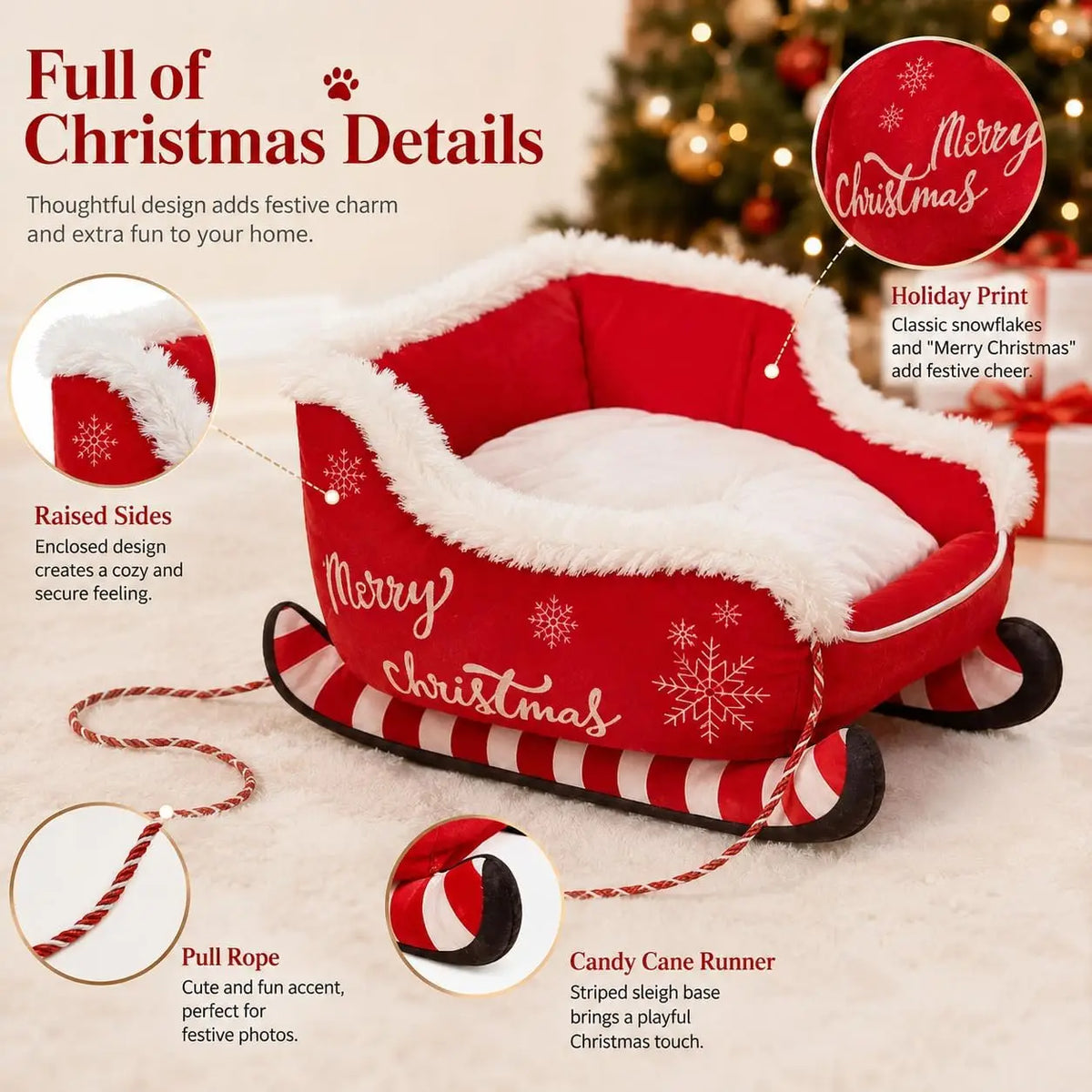 Christmas Sleigh Dog Bed With Raised Plush And Calming Comfort