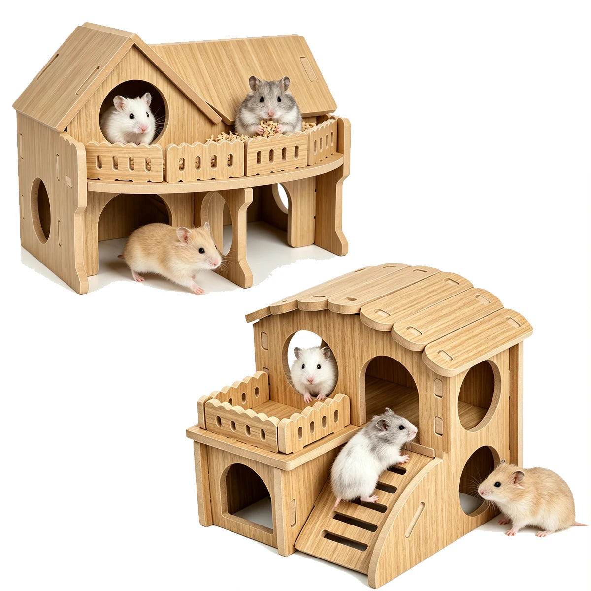 Wooden Hamster Villa MultiChamber Small Pet Hideout Shelter