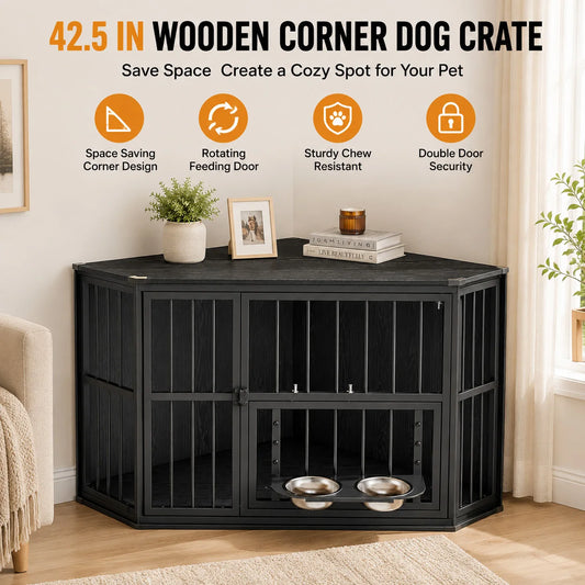 Corner Wooden Dog Crate With Rotating Door And Secure Locks