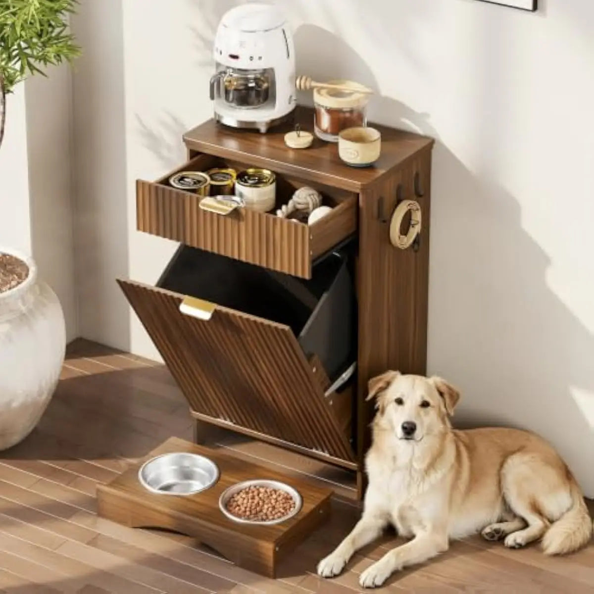 Scratch Resistant Pet Food Storage Cabinet With Dual Bowl Station