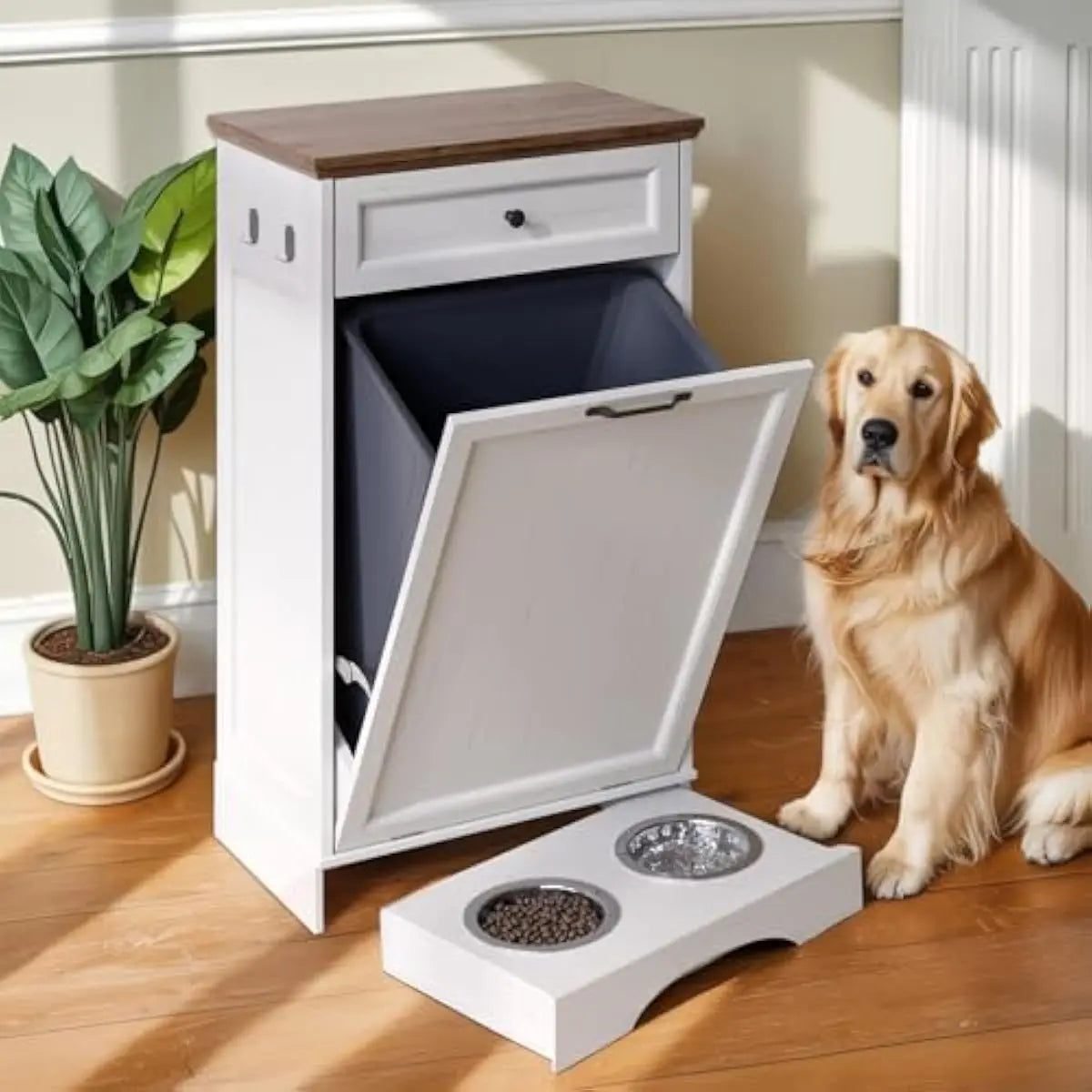 Modern Pet Feeding Station With Waste Bin And Storage Drawer