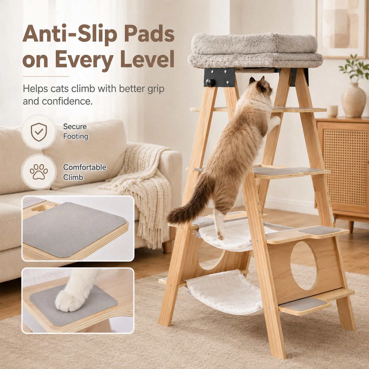 Wooden Cat Tower With Washable Cushions And Hammock