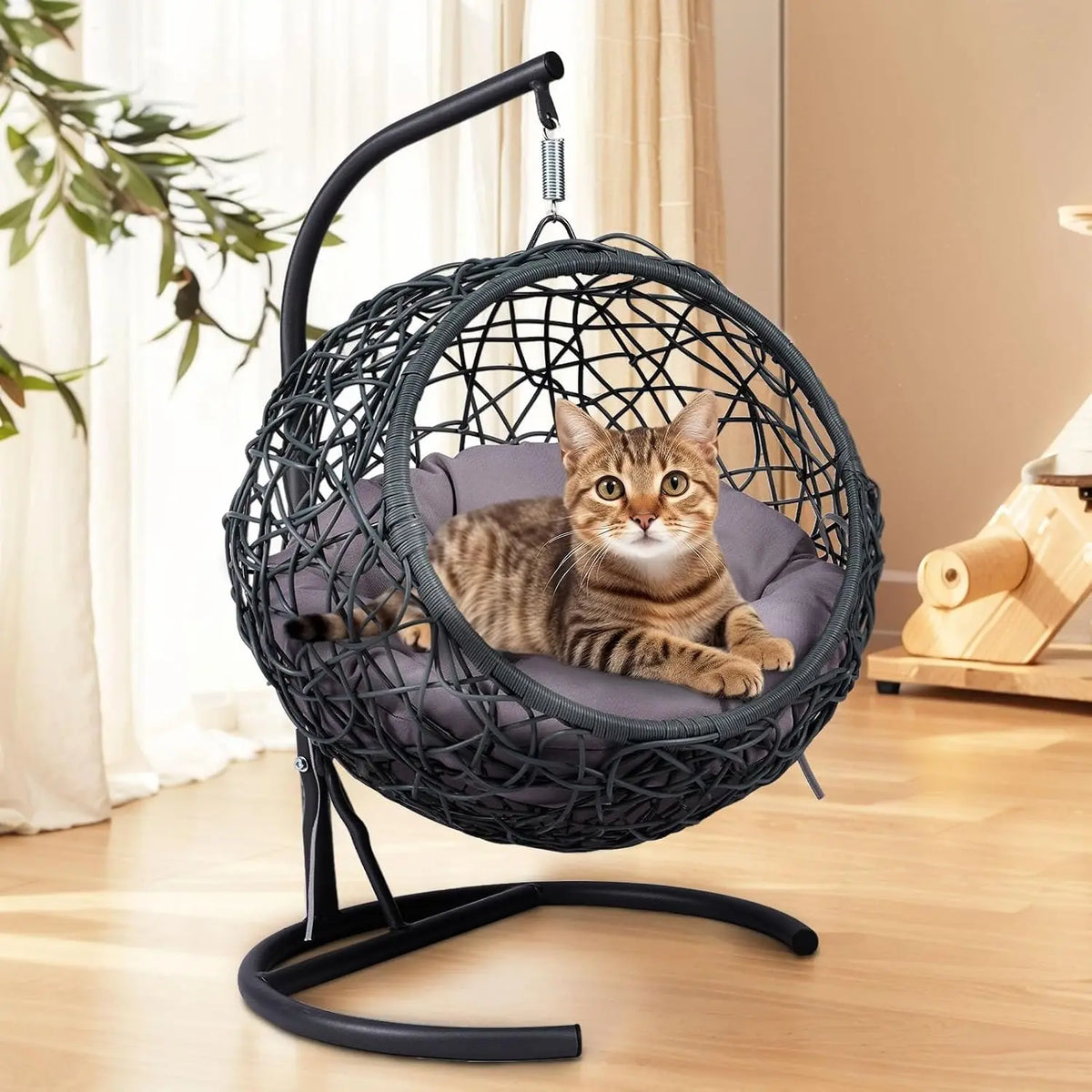 Cat Swing Bed Rattan Hammock Stand with Cushion for Cats