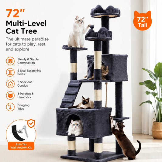 Spacious Multi Level Cat Tree With Sisal Posts And Hammock
