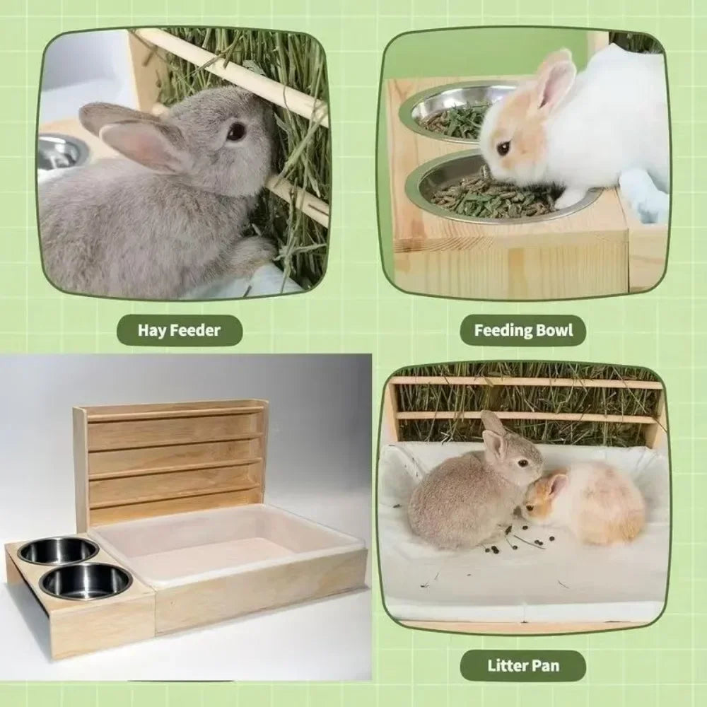 Wooden Rabbit Hay Feeder With Litter Box For Small Pets