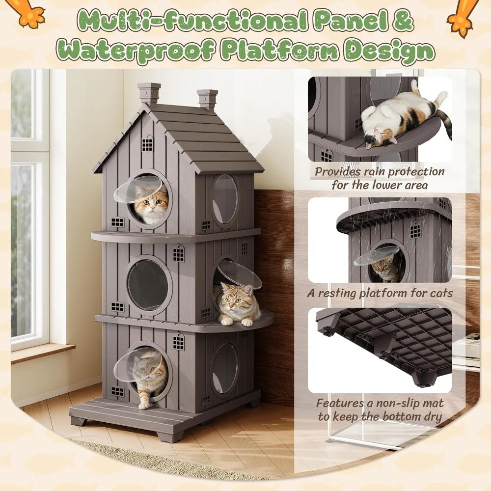 Outdoor Weatherproof Resin Three Story Cat Condo Elevated Base Ventilation