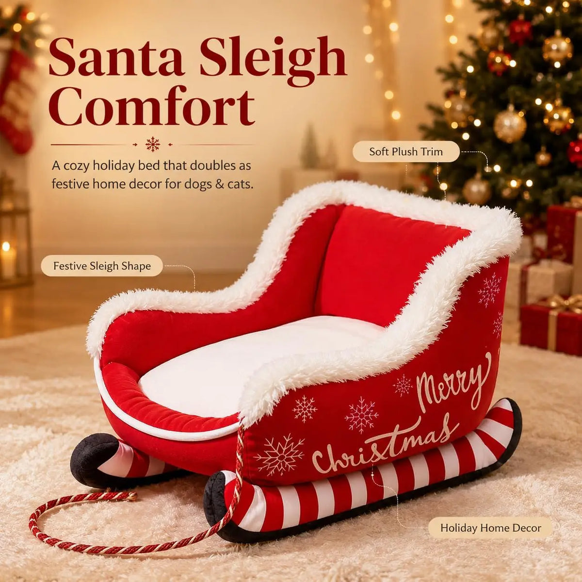 Christmas Sleigh Dog Bed With Raised Plush And Calming Comfort
