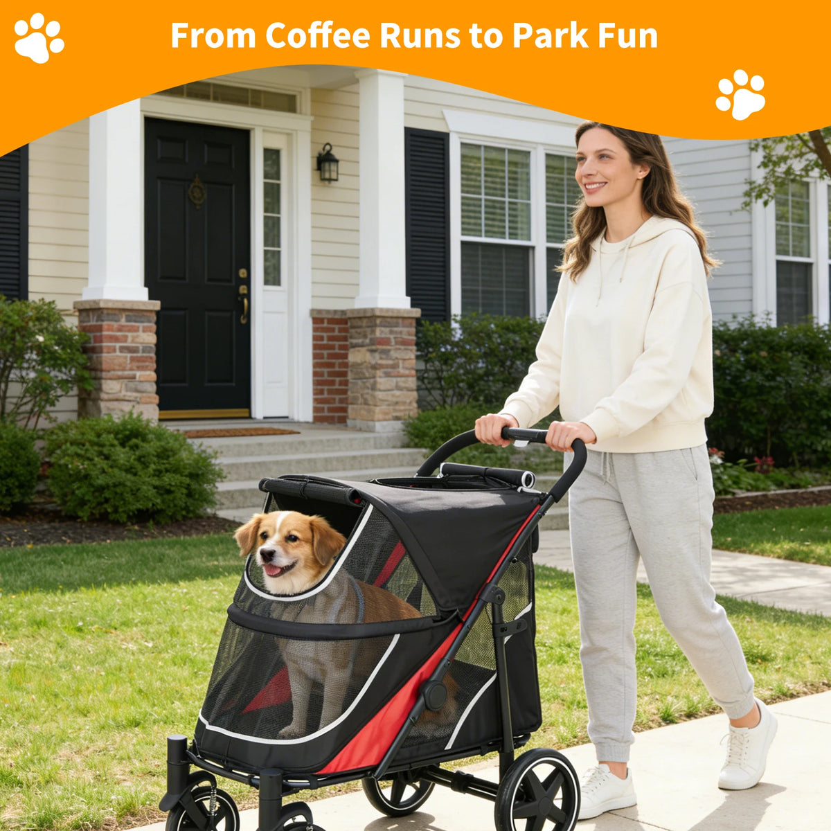 Foldable Dog Stroller With Adjustable Handle And Ventilated Canopy